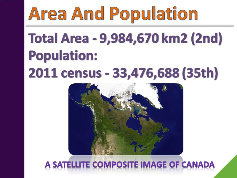 Area And Population Total Area - 9,984,670 km2 (2nd) Population: 2011 census - 33,476,688